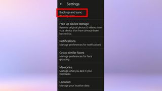A screenshot of the "google photos" settings menu, with "back up and sync" highlighted