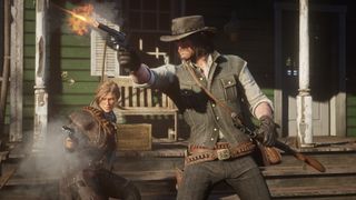 Red Dead Redemption 2 치트 - 두 남자가 마을에서 총을 발사합니다.