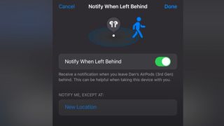 Apple Find My '뒤에 있을 때 알림' 토글