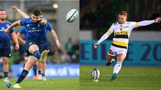 Leinster와 La Rochelle 럭비 선수들이 페널티킥을 차는 모습