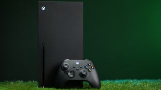 녹색 배경으로 설정된 Xbox Series X 및 Xbox 무선 컨트롤러