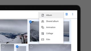 Google 포토의 앨범 생성 메뉴를 보여주는 노트북 화면