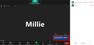 "기록 중지" 옵션이 강조 표시된 Zoom의 스크린샷