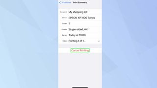 "취소"가 강조 표시된 iPhone 인쇄 작업 목록을 보여주는 스크린샷
