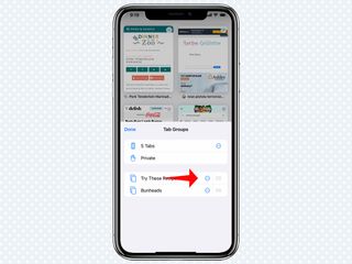 iOS 15 Safari의 탭 그룹 메뉴에 있는 점 세 개 버튼을 가리키는 빨간색 화살표