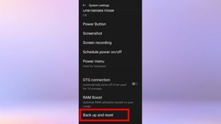 A screenshot of the "settings" app on an Android phone with "back up and reset" highlighted