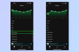 iOS 및 Android에서 Spotify 이퀄라이저를 사용하는 데 필요한 단계를 보여주는 스크린샷