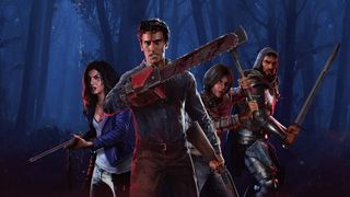 Evil Dead: The Game 캐릭터 - 숲에서 무기를 휘두르는 애쉬와 친구들