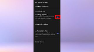 A screenshot of the "settings" app on an Android phone. The "back up my data" option is turned on.