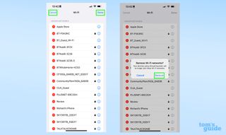 기억된 Wi-Fi 네트워크 제거를 취소하거나 확인하는 방법을 보여주는 iOS 16 설정 메뉴의 두 스크린샷