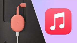 TV에 연결된 Chromecast with Google TV(L) 및 Apple Music 로고(R) - Chromecast with Google TV에서 Apple Music을 얻는 방법 시연