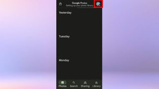 A screenshot of the "Google Photos" app on an Android phone, with the users' icon in the top-right corner highlighted