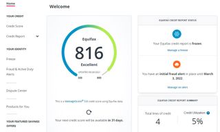 Equifax로 신용을 동결하는 방법: 신용 점수, 신용 동결 상태 및 사기 경고를 포함하는 Equifax의 온라인 계정 대시보드 세부 정보입니다.