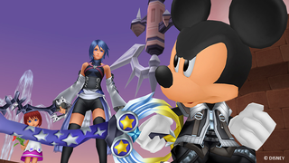 Kingdom Hearts Birth By Sleep 스크린샷에서 Mickey Mouse가 Unversed로부터 Aqua와 Kiari를 방어합니다.