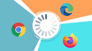 회전하는 진행 기어 로고를 둘러싼 Chrome, Edge 및 Firefox 로고