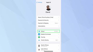 iCloud가 강조 표시된 iOS 설정 앱