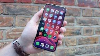 벽돌 벽을 배경으로 누군가의 손에 들고 있는 iPhone 13 Pro