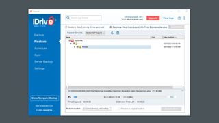 백업 파일을 복원하는 IDrive의 스크린샷