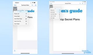 PDF 미리보기 편집 메뉴를 보여주는 iPhone 및 iPad 나란히의 스크린샷