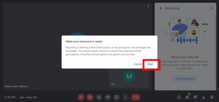 '녹화 시작' 옵션이 강조표시된 Google Meet 애플리케이션의 스크린샷