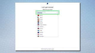 PayPal 설정 프로세스를 보여주는 스크린샷.  이 화면에는 국가 선택 옵션이 표시됩니다.