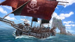 Skull and Bones 라이브 테스트: 빨간 돛과 나무 스파이크가 달린 해적선이 바다를 여행합니다.