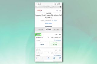 항공편 번호가 강조 표시된 영국항공 웹사이트를 보여주는 스크린샷.  스크린샷은 녹색 배경으로 설정됩니다.