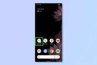 Android 홈 화면에 Google 비밀번호 관리자 바로가기를 추가하는 데 필요한 단계를 보여주는 스크린샷