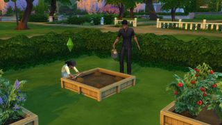 The Sims 4 돈: 부모가 땅에 물을 주는 동안 할당량을 관리하는 어린 심