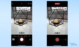 사진 모드에서 셔터 버튼을 길게 눌러 비디오 녹화를 시작하는 방법을 보여주는 iPhone의 두 스크린샷